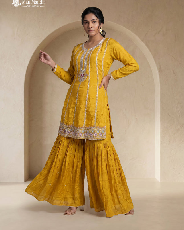 Mustard Yellow Georgette Embroidered Sharara Suit With Dupatta