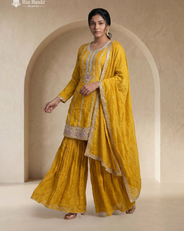 Lavender Georgette Embroidered Sharara Suit With Palazzo Pant & Dupatta