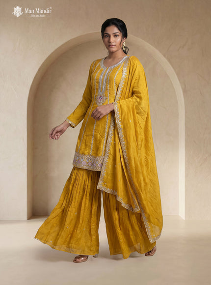 Mustard Yellow Georgette Embroidered Sharara Suit With Dupatta