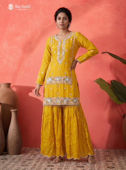 Mustard Yellow Georgette Heavy Sequins Sharara Suit With Dupatta
