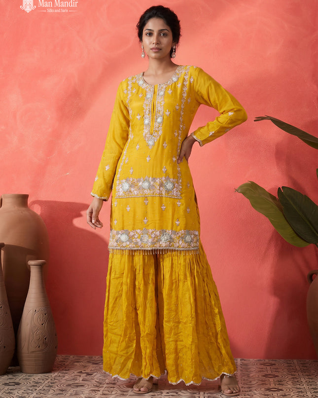 Mustard Yellow Georgette Heavy Sequins Sharara Suit With Dupatta