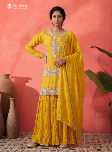 Mustard Yellow Georgette Heavy Sequins Sharara Suit With Dupatta