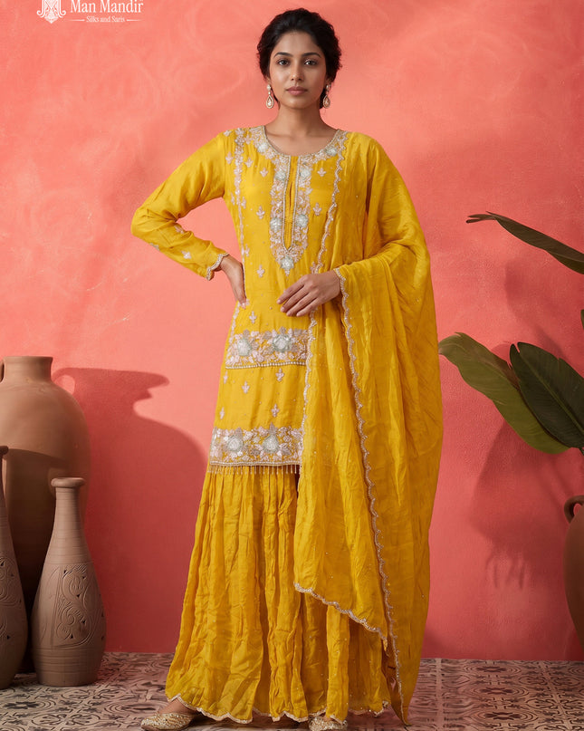 Mustard Yellow Georgette Heavy Sequins Sharara Suit With Dupatta