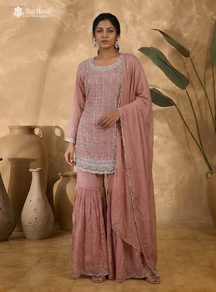 Peach Georgette Heavy Beaded & Sequin Sharara Suit With Dupatta
