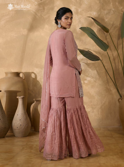 Peach Georgette Heavy Beaded & Sequin Sharara Suit With Dupatta