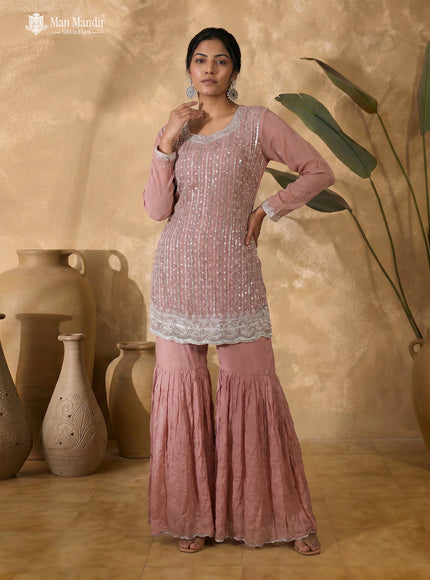 Peach Georgette Heavy Beaded & Sequin Sharara Suit With Dupatta