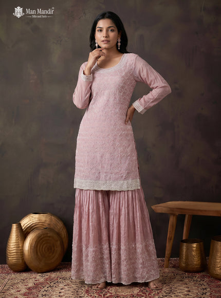 Pastel Pink Georgette Heavy Beaded Sharara Suit With Dupatta