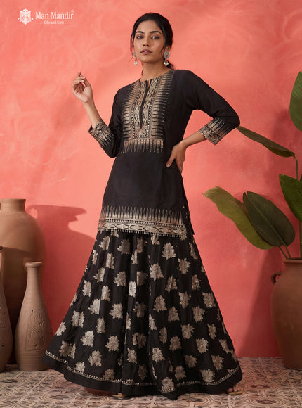 Black Silk Embroidered Sharara Suit With Flared Palazzo Pant & Dupatta