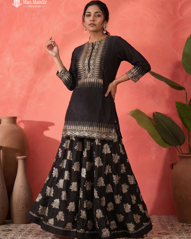 Black Silk Embroidered Sharara Suit With Flared Palazzo Pant & Dupatta