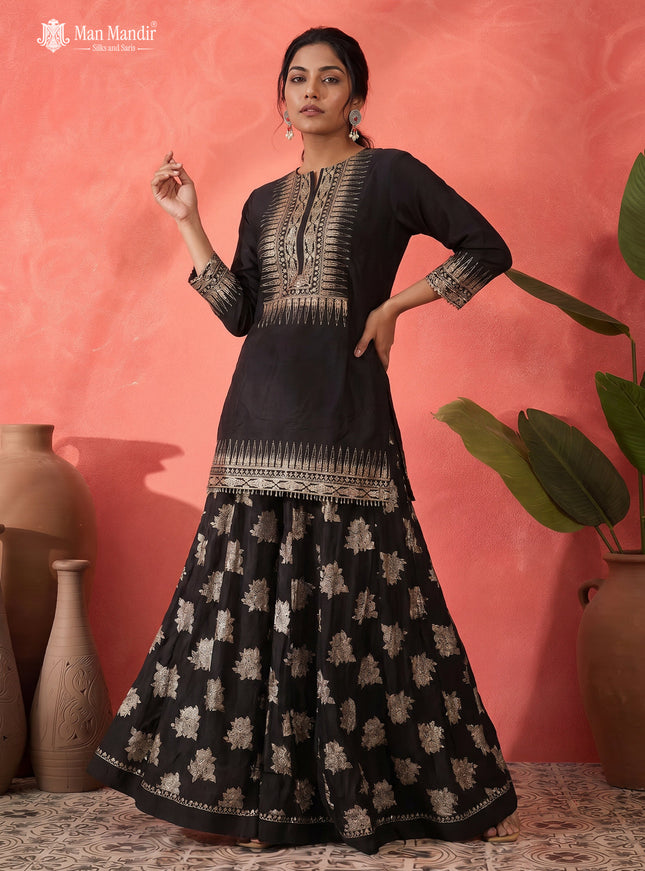 Black Silk Embroidered Sharara Suit With Flared Palazzo Pant & Dupatta