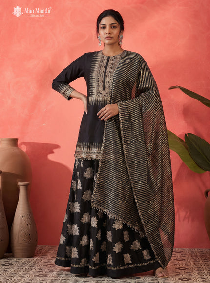 Black Silk Embroidered Sharara Suit With Flared Palazzo Pant & Dupatta