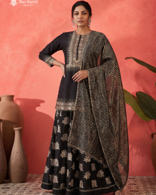 Black Silk Embroidered Sharara Suit With Flared Palazzo Pant & Dupatta