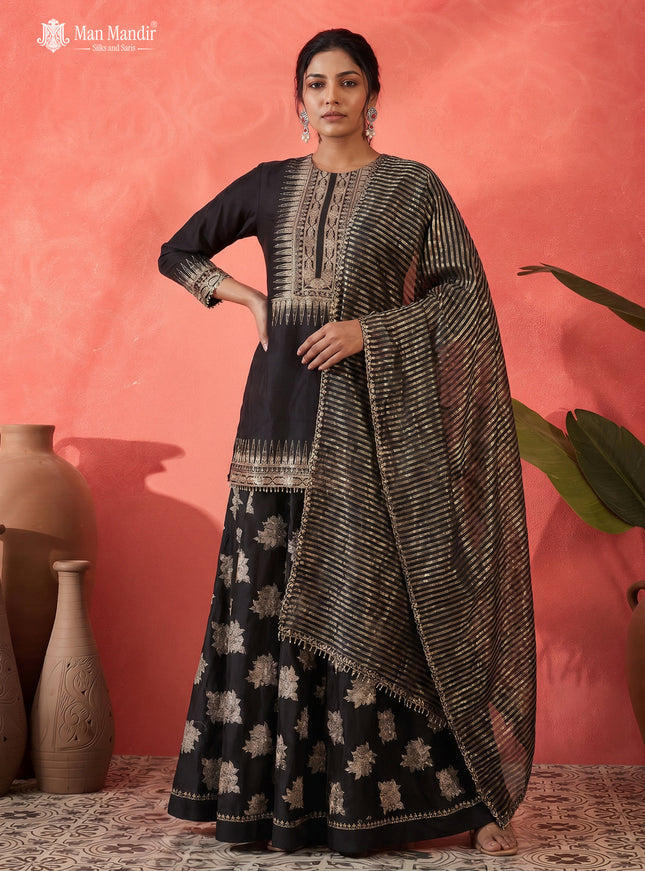 Black Silk Embroidered Sharara Suit With Flared Palazzo Pant & Dupatta