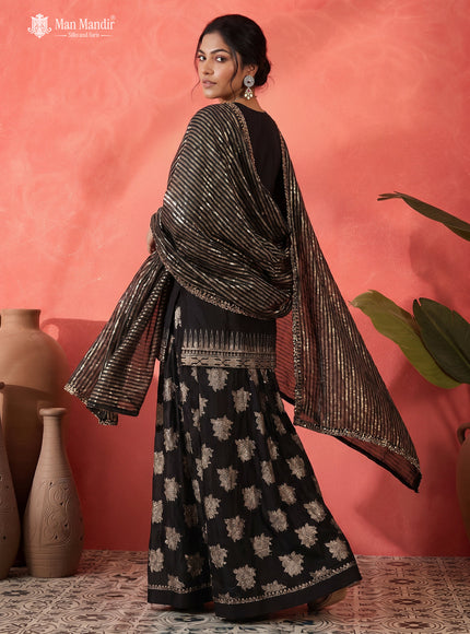 Black Silk Embroidered Sharara Suit With Flared Palazzo Pant & Dupatta