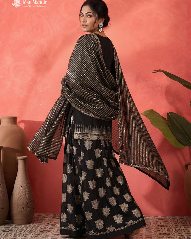 Black Silk Embroidered Sharara Suit With Flared Palazzo Pant & Dupatta