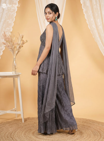 Grey Chinon Heavy Cut Beaded Sharara Top And Palazzo Pant Choker Neck Dupatta