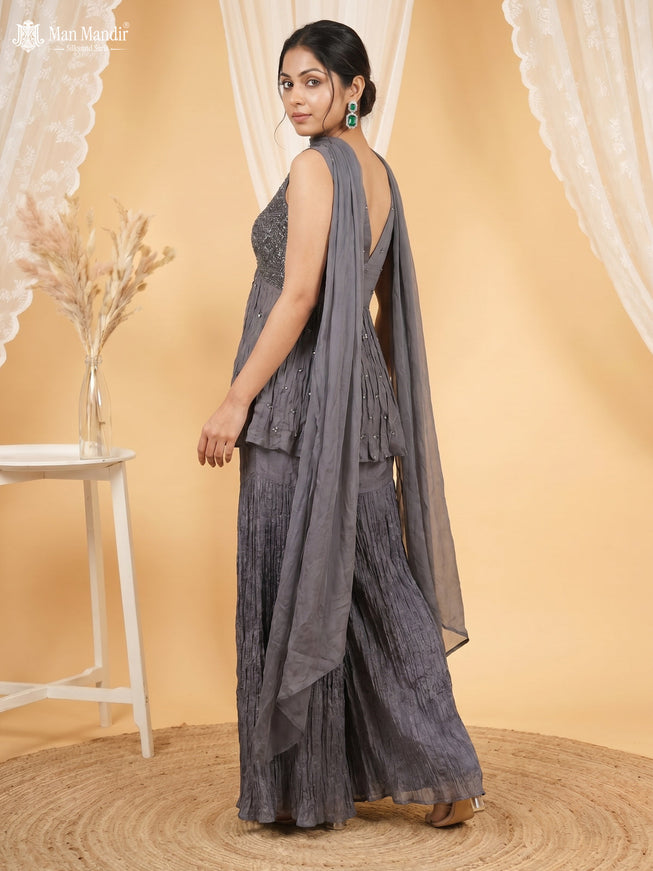 Grey Chinon Heavy Cut Beaded Sharara Top And Palazzo Pant Choker Neck Dupatta
