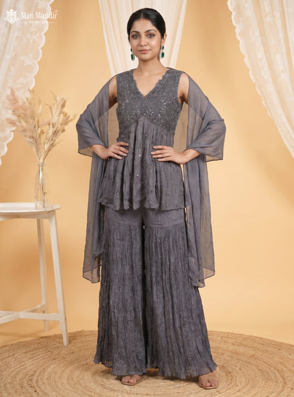 Grey Chinon Heavy Cut Beaded Sharara Top And Palazzo Pant Choker Neck Dupatta