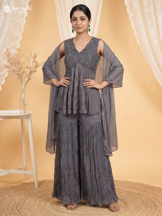 Grey Chinon Heavy Cut Beaded Sharara Top And Palazzo Pant Choker Neck Dupatta