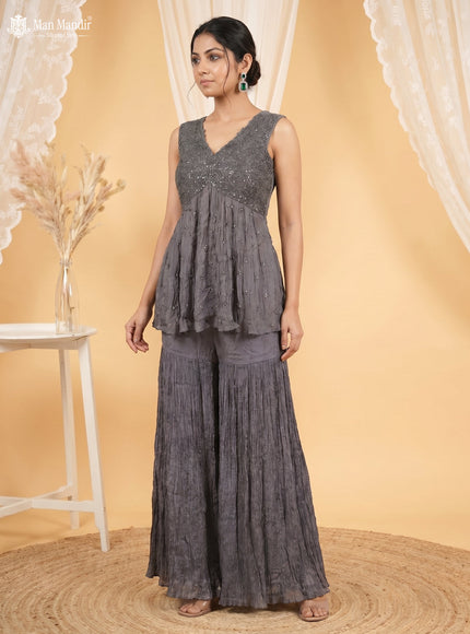 Grey Chinon Heavy Cut Beaded Sharara Top And Palazzo Pant Choker Neck Dupatta