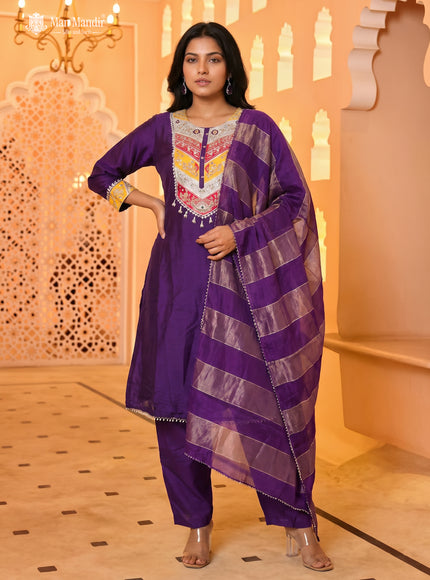 Purple Chinon Embroidered Anarkali Suit With Pant Dupatta