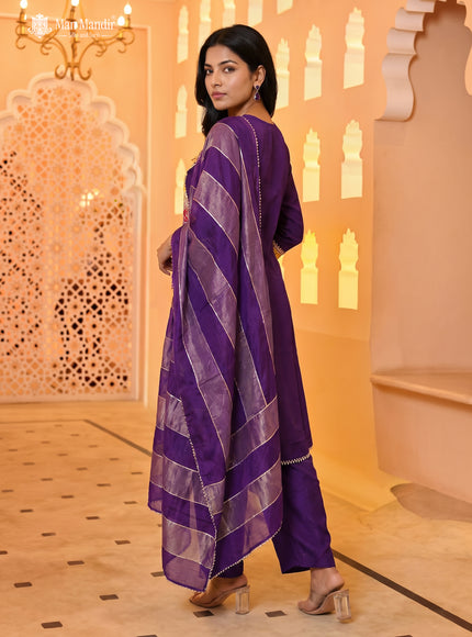 Purple Chinon Embroidered Anarkali Suit With Pant Dupatta