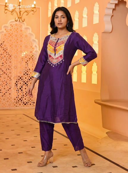 Purple Chinon Embroidered Anarkali Suit With Pant Dupatta
