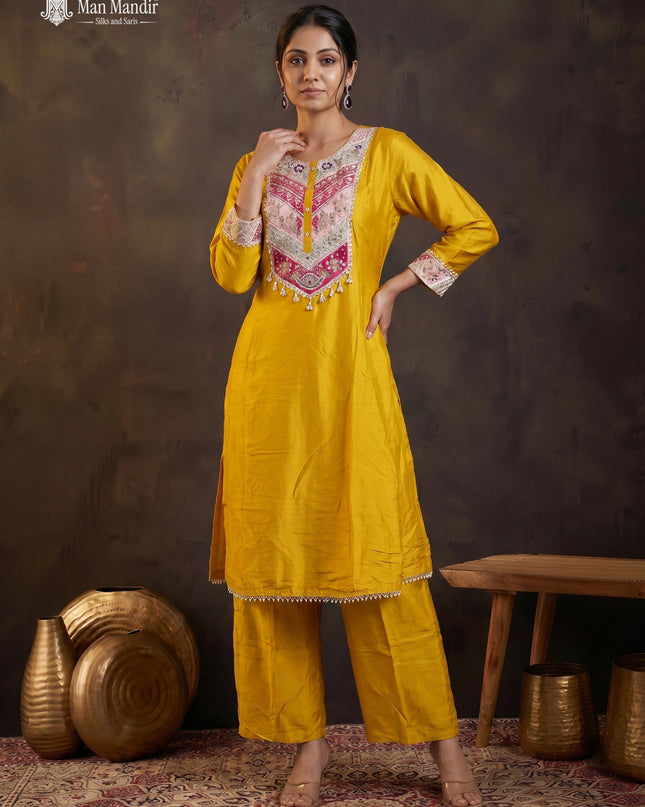 Yellow Georgette Sharara Suit With Pant Dupatta