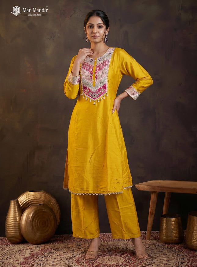 Yellow Georgette Sharara Suit With Pant Dupatta
