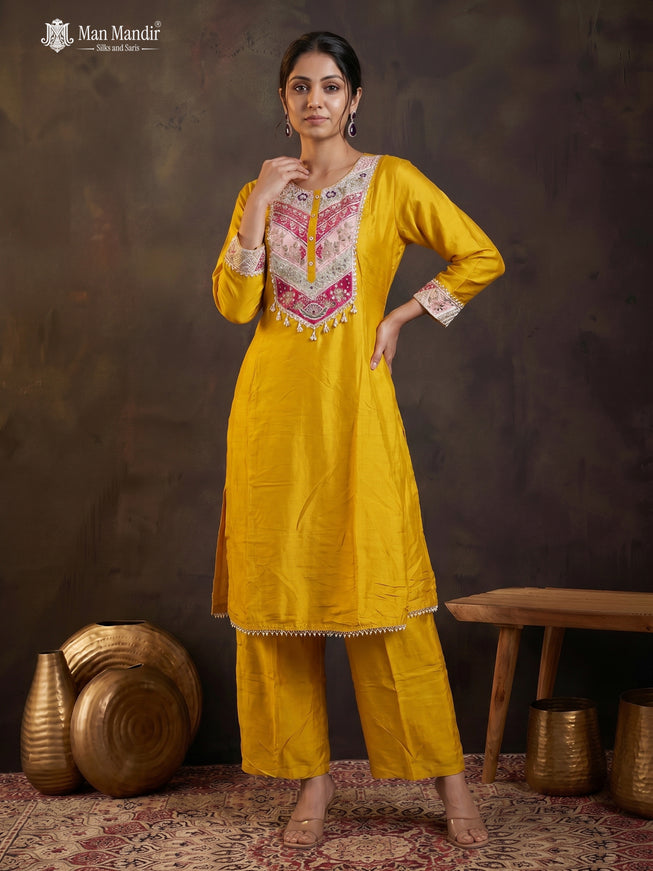Yellow Georgette Sharara Suit With Pant Dupatta