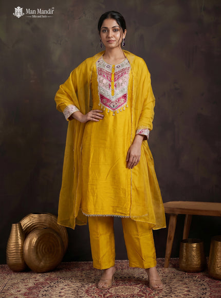 Yellow Georgette Sharara Suit With Pant Dupatta