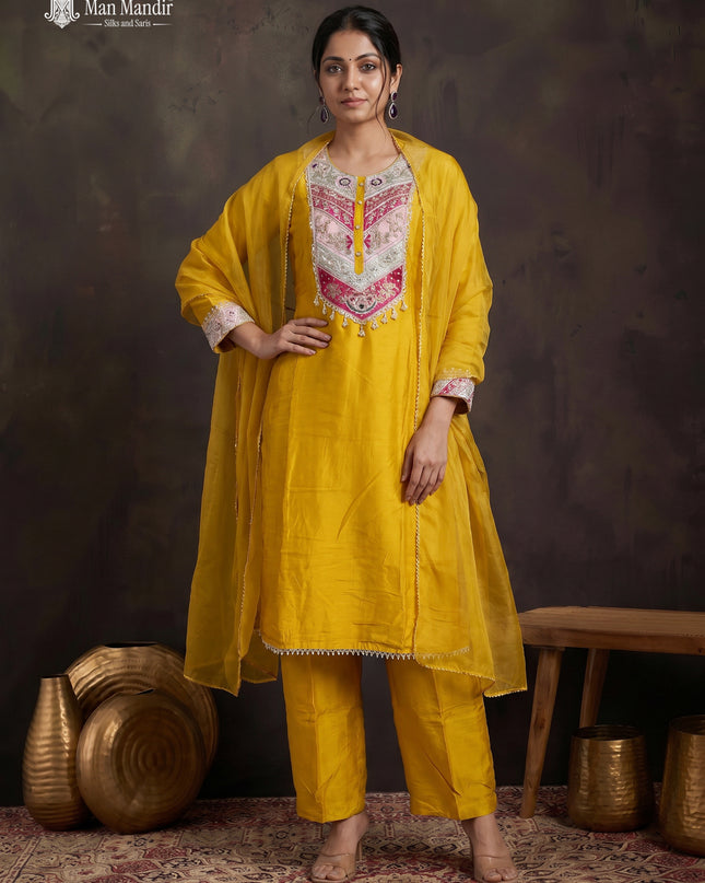 Yellow Georgette Sharara Suit With Pant Dupatta