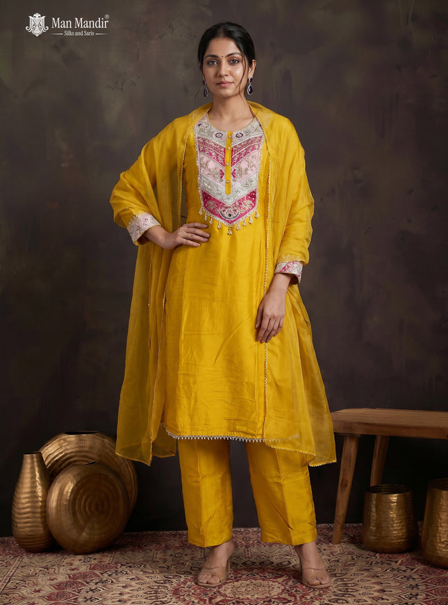 Yellow Georgette Sharara Suit With Pant Dupatta