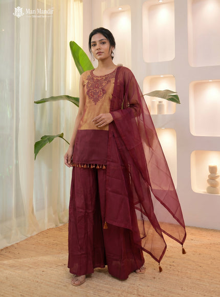 Maroon Tissue Silk Sharara Suit With Dupatta