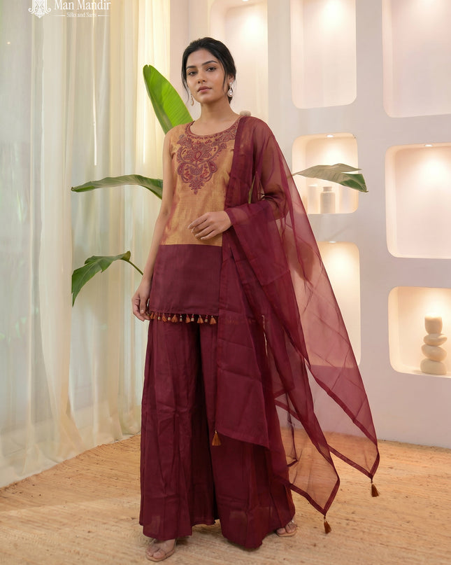 Maroon Tissue Silk Sharara Suit With Dupatta