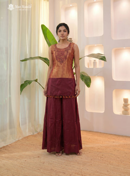 Maroon Tissue Silk Sharara Suit With Dupatta
