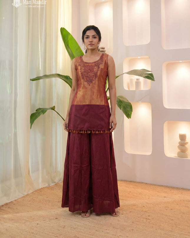 Maroon Tissue Silk Sharara Suit With Dupatta