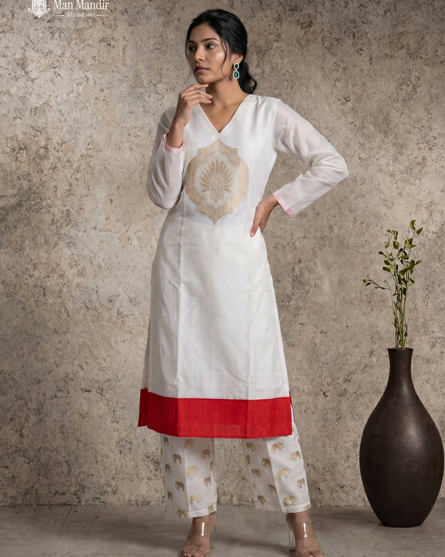 Off White Mul Chanderi Sharara Suits With Elephant Butta Pant