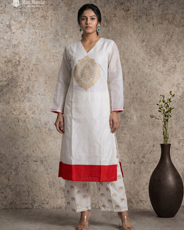 Off White Mul Chanderi Sharara Suits With Elephant Butta Pant