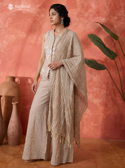 Beige Mul Chanderi Sharara Suit Thread Embroidery With Dupatta