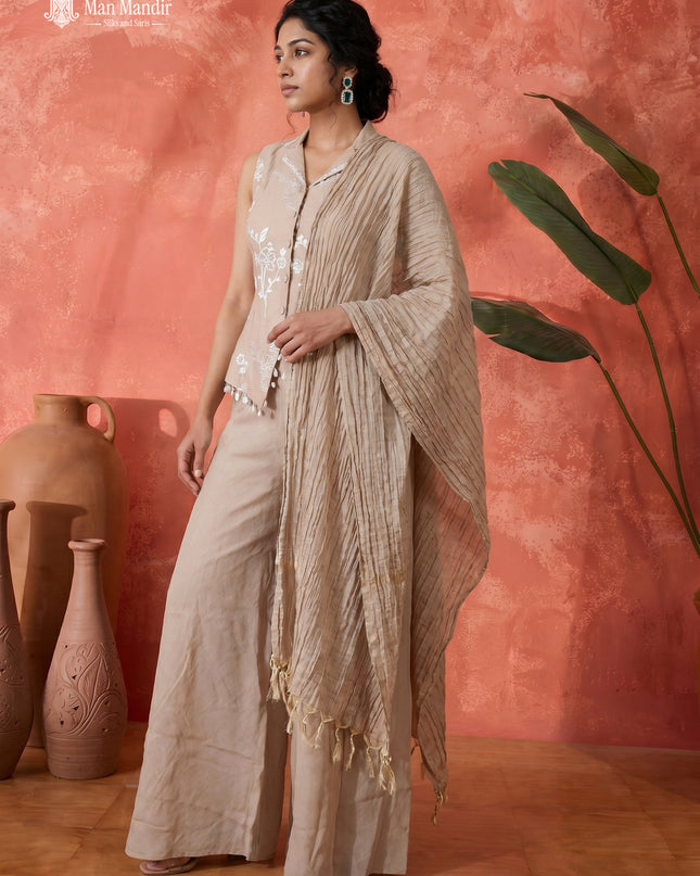 Beige Mul Chanderi Sharara Suit Thread Embroidery With Dupatta