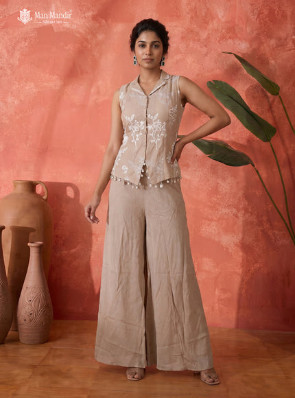 Beige Mul Chanderi Sharara Suit Thread Embroidery With Dupatta