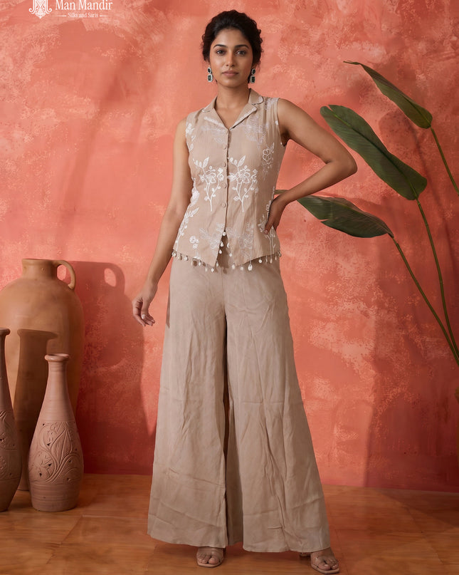 Beige Mul Chanderi Sharara Suit Thread Embroidery With Dupatta