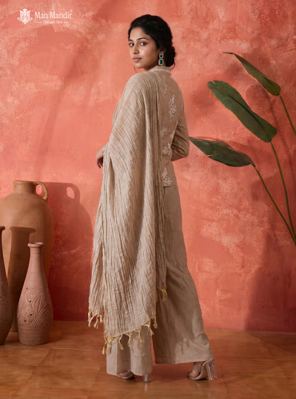 Beige Mul Chanderi Sharara Suit Thread Embroidery With Dupatta