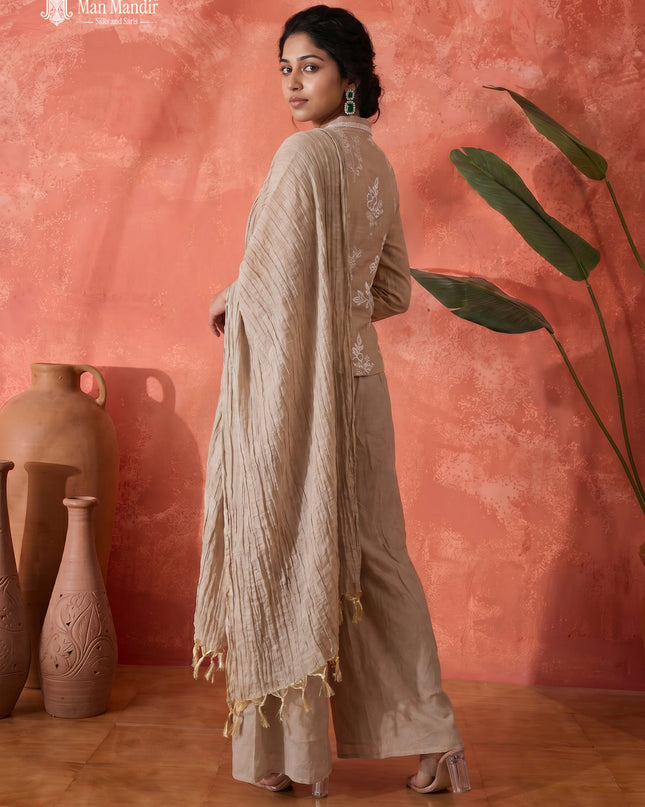 Beige Mul Chanderi Sharara Suit Thread Embroidery With Dupatta