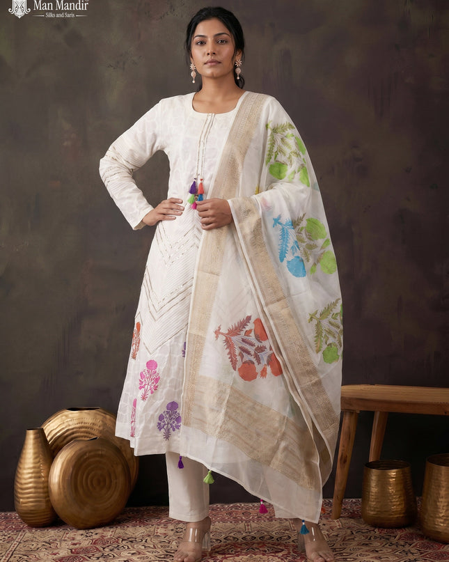 Off White Mul Chanderi Anarkali Suits With Pant & Dupatta