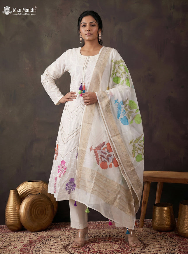 Off White Mul Chanderi Anarkali Suits With Pant & Dupatta