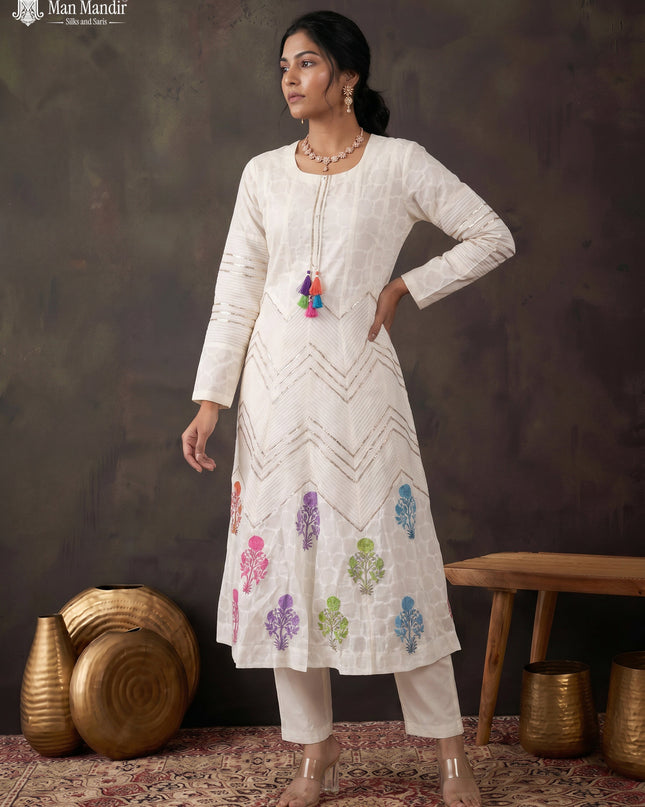 Off White Mul Chanderi Anarkali Suits With Pant & Dupatta