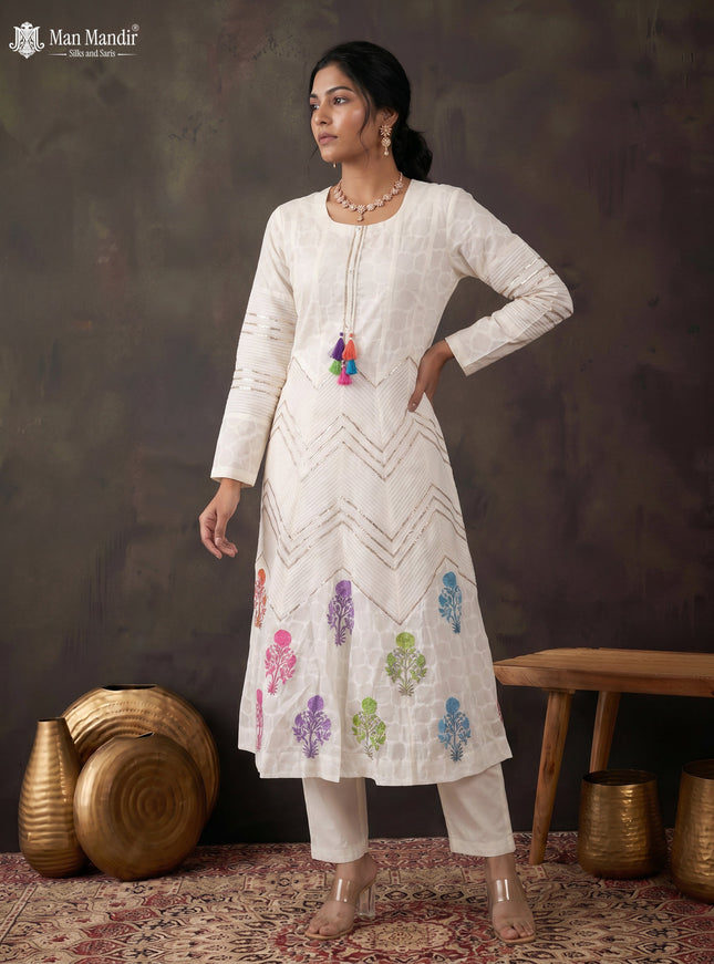 Off White Mul Chanderi Anarkali Suits With Pant & Dupatta