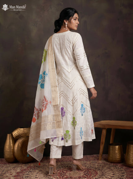 Off White Mul Chanderi Anarkali Suits With Pant & Dupatta
